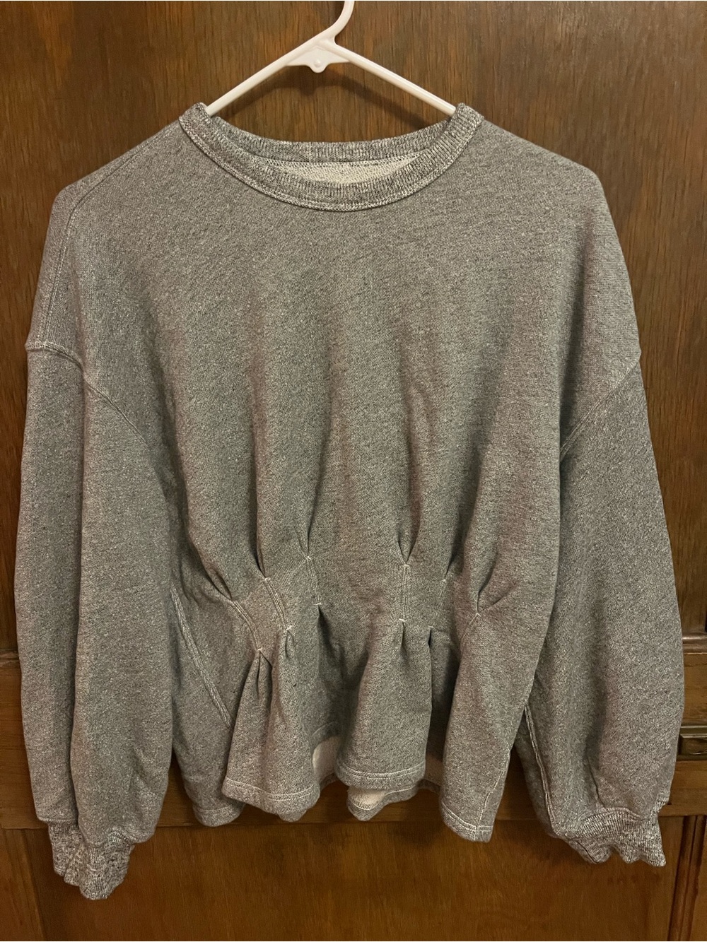 THE GREAT. Heather Gray Gathered Waist Crewneck Sweatshirt